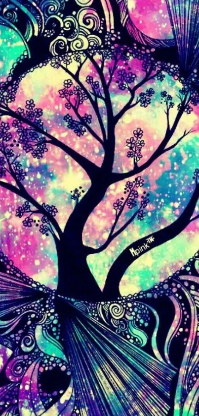 Vibrant tree silhouette with cosmic colors on a mobile wallpaper.