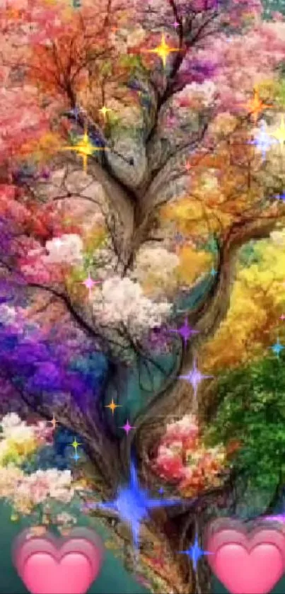 Colorful tree with pink hearts on a mobile wallpaper.