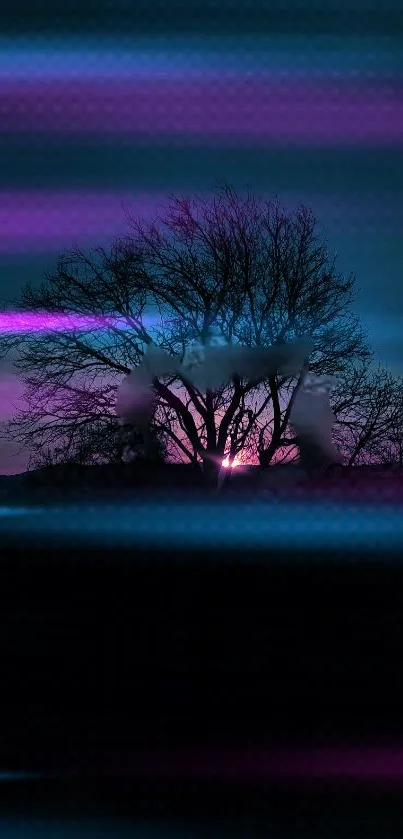 Silhouetted tree against a purple and blue dusk sky.