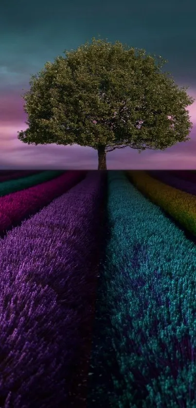 Majestic tree and vibrant fields under a stunning sunset sky.