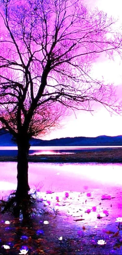 Tree silhouetted against a vibrant purple sunset over a lake.