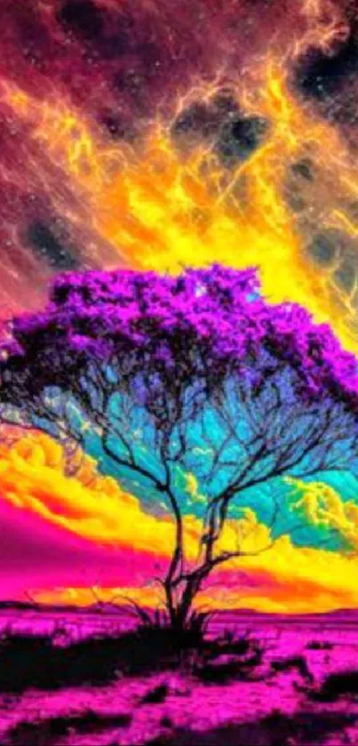 Vibrant tree set against a colorful, surreal sky on mobile wallpaper.