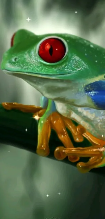 Vibrant green tree frog with red eyes on a jungle leaf.