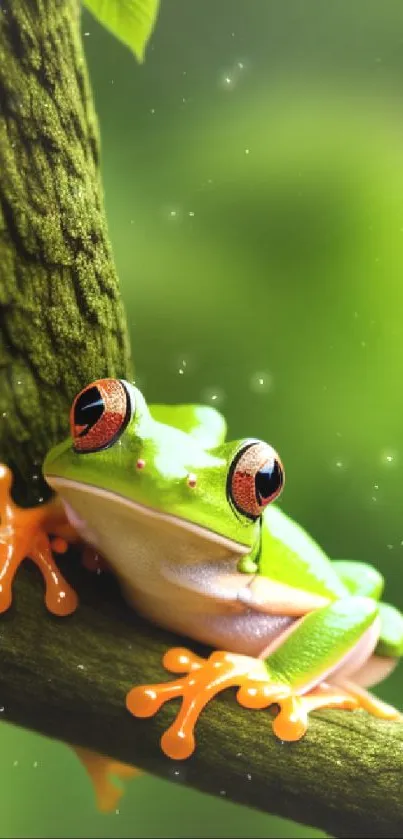 Colorful tree frog on green branch in vibrant mobile wallpaper.