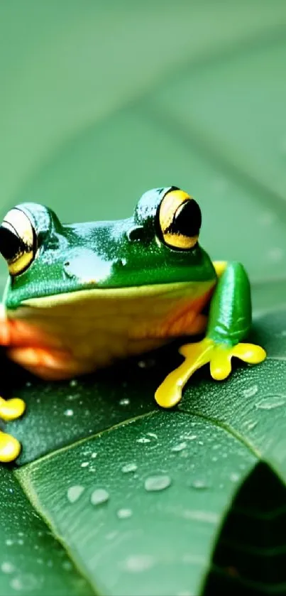 A vibrant tree frog sits on a leafy surface.