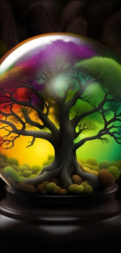 Vibrant tree inside a colorful glass globe.