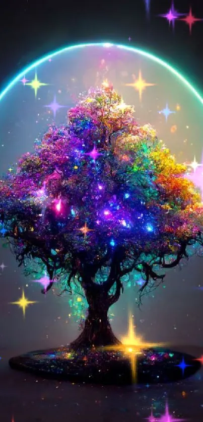 Mystical tree with vibrant colors and glowing aura, perfect for mobile wallpaper.