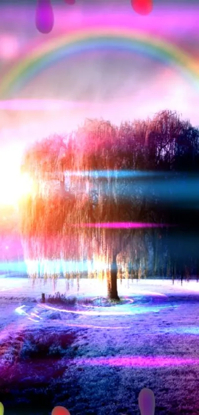 Vibrant tree landscape with rainbow aura and mystical scenery.