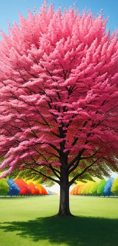 Vibrant pink tree against a colorful backdrop of trees and blue sky.