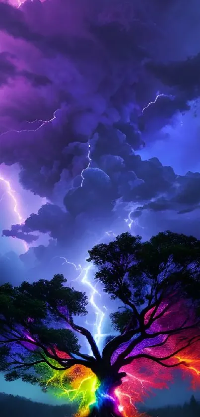 Dramatic sky with a tree lit by rainbow lightning.