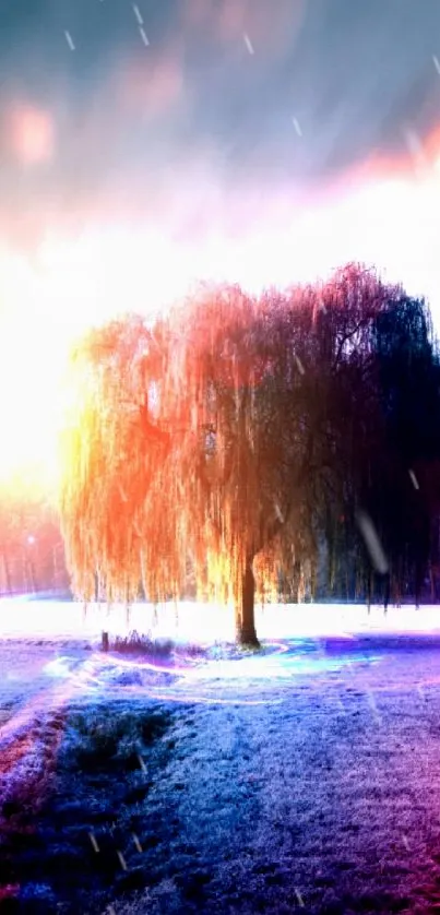 Mystical willow tree with vibrant colors in a misty dawn landscape.