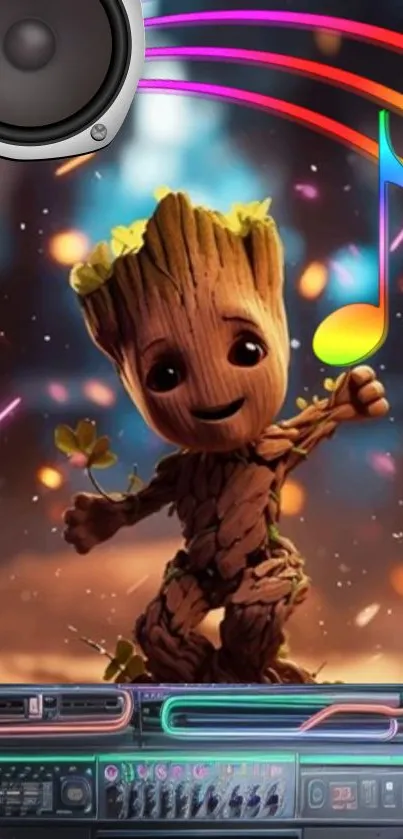 Animated tree character with music notes glowing in a colorful digital art wallpaper.