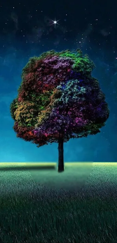 Vibrant tree under a starlit night sky, colorful digital art.