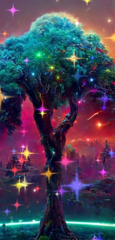 Colorful digital tree in a vibrant nightscape with glowing hues.