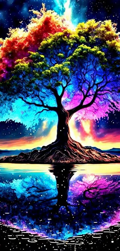 Vibrant tree of life with cosmic reflection.