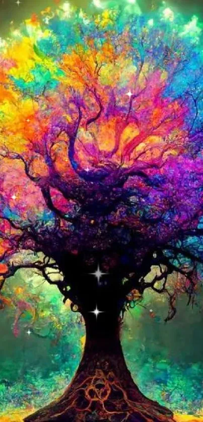 Vibrant multicolored tree wallpaper with surreal elements.