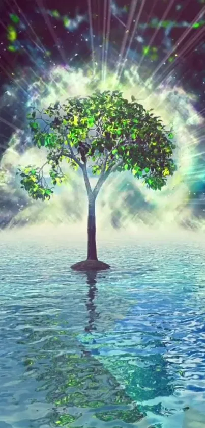 A cosmic tree reflecting in calm, aqua waters under a radiant, starry sky.