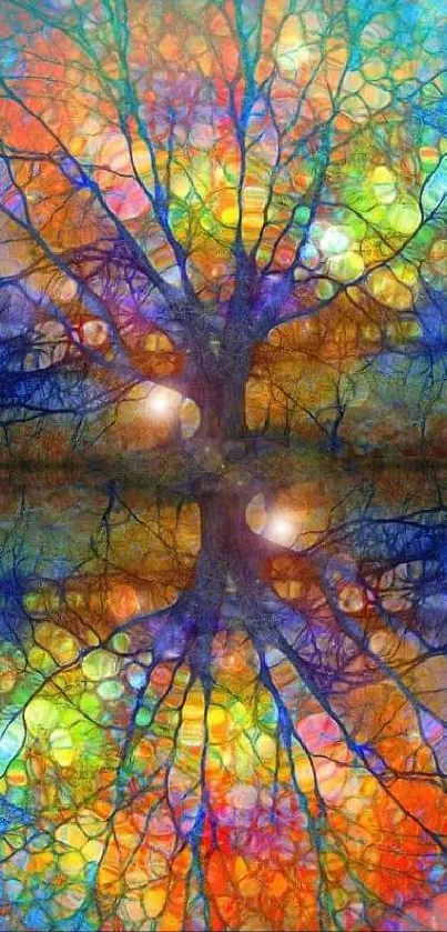 Colorful abstract tree reflecting in water with vibrant hues.