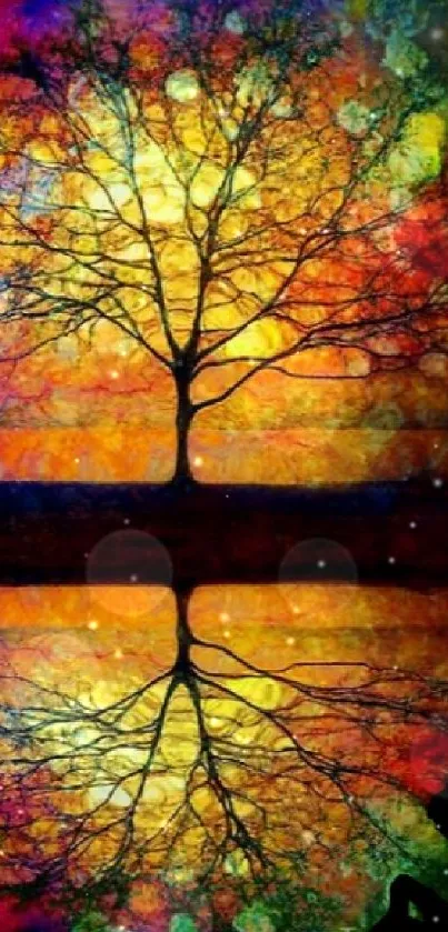 Vibrant tree reflecting on water with colorful abstract design.