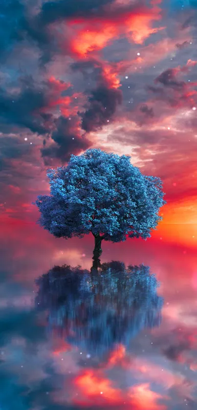 Beautiful mobile wallpaper featuring a blue tree with vibrant sky reflection.