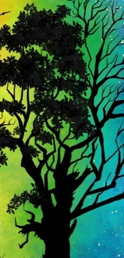 Artistic tree silhouette with vibrant gradient background from yellow to blue.