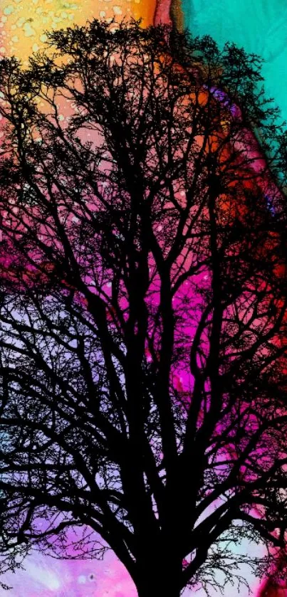 Vibrant tree silhouette on a colorful background mobile wallpaper.