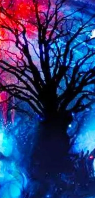 Vibrant tree silhouette with red and blue gradient.