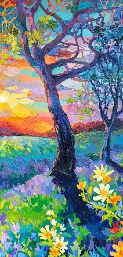 Vibrant painting of a tree at sunrise with colorful flowers.