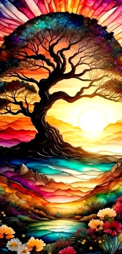 Vibrant sunset with artistic tree and colorful landscape.