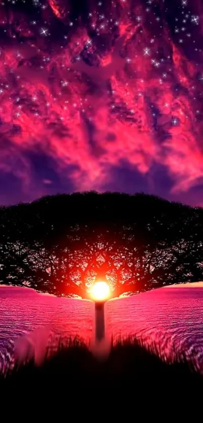 Vibrant tree sunset wallpaper with colorful sky and cosmic elements.