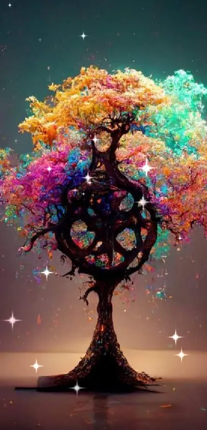 Colorful artistic tree with vibrant branches against a dark backdrop.