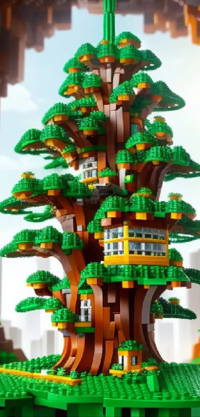 Vibrant treehouse made of colorful blocks in a fantasy setting.