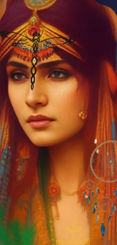 Vibrant tribal art wallpaper depicting a woman in colorful attire.