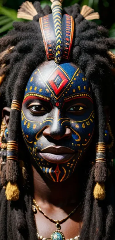 Tribal art portrait with vibrant face paint and cultural motifs.