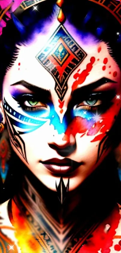 Colorful tribal-inspired artwork wallpaper with vibrant facial designs.