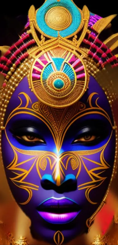 Vibrant tribal art face with intricate patterns in purple and gold hues.