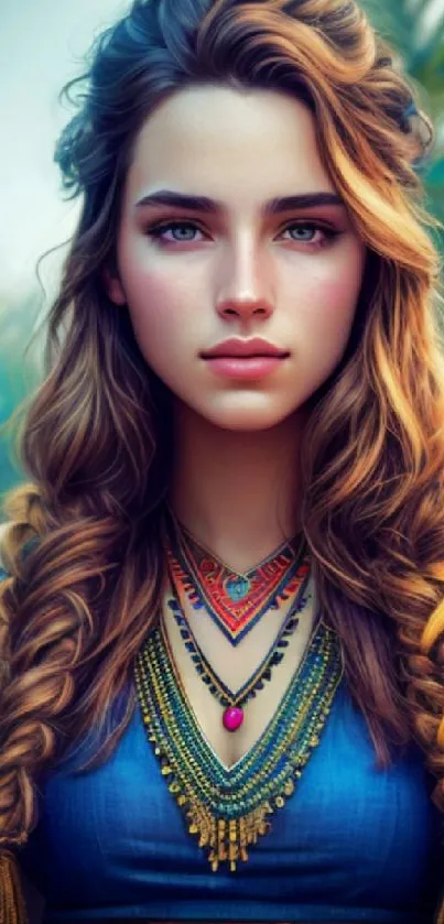 Colorful tribal art wallpaper with braid and jewelry details.