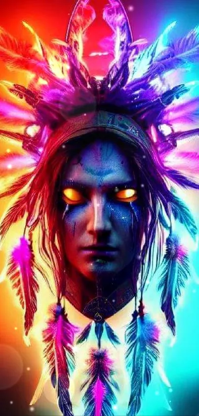 Tribal face with neon feather art in vibrant colors.