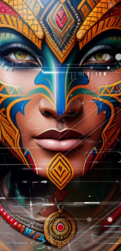 Tribal themed digital art wallpaper with vibrant colors.