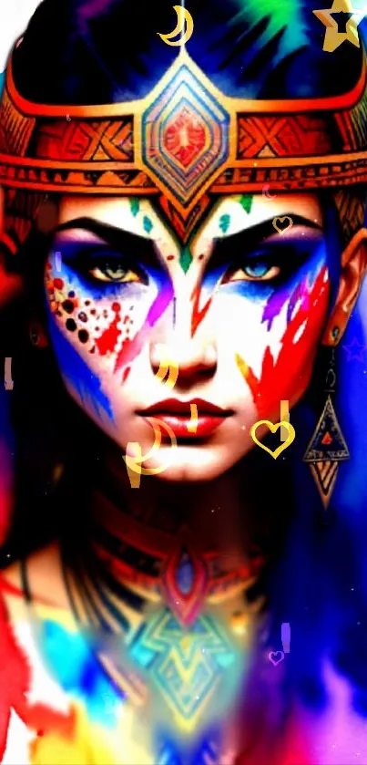 Vibrant tribal face art with colorful abstract patterns