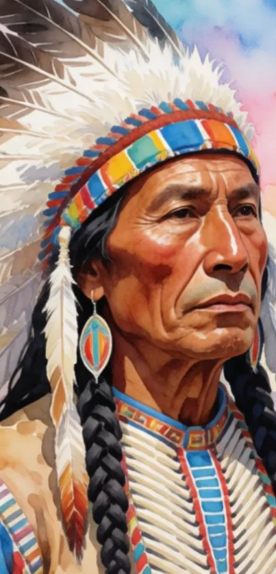 Portrait of Native American chief with colorful feather headdress.
