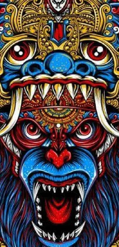 Intricate tribal beast art design with vibrant colors.