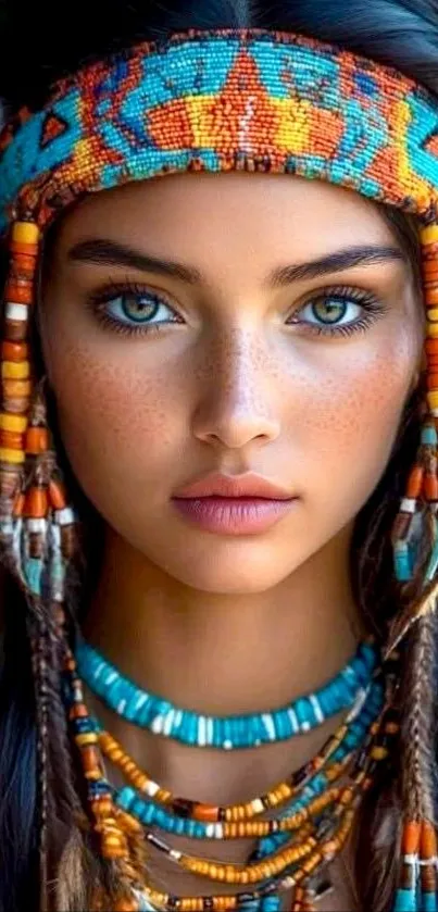 Tribal-themed portrait wallpaper with vibrant colors and intricate beadwork.