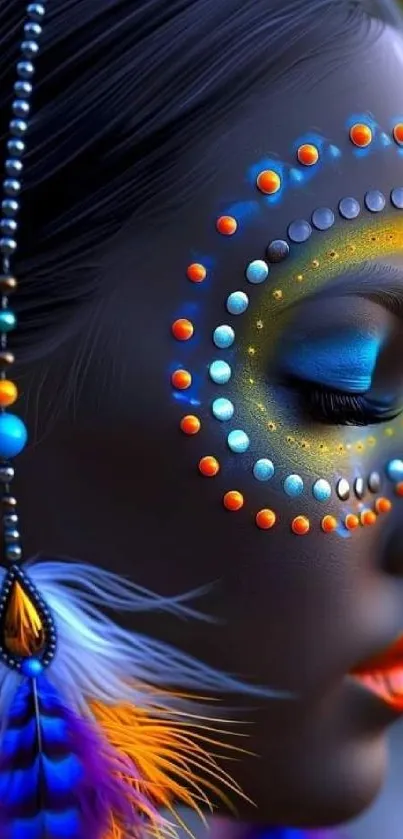 Vibrant tribal art portrait with colorful face paint and feathers.