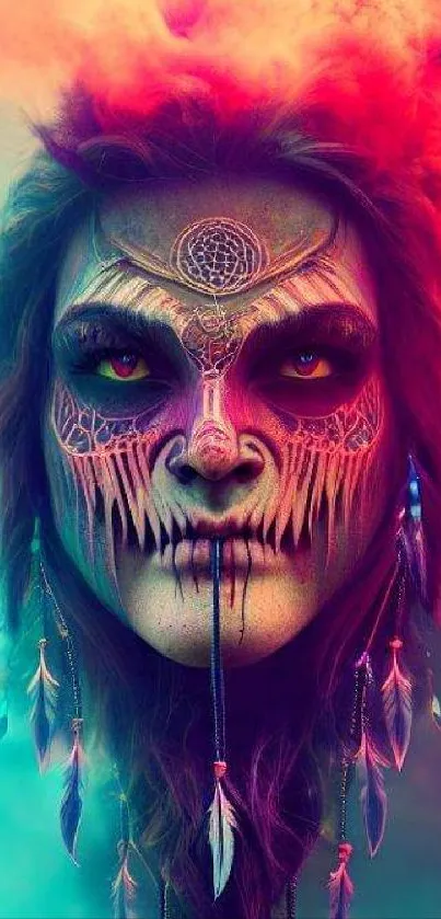 Vibrant and colorful tribal art face mobile wallpaper.