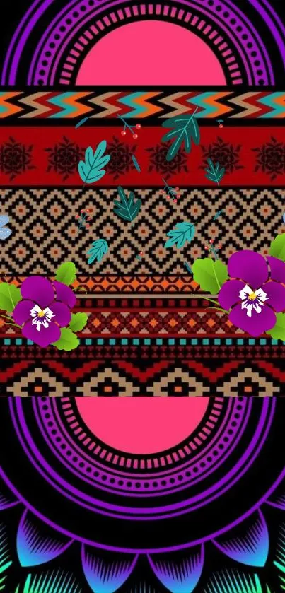 Vibrant tribal and floral wallpaper with colorful patterns and artistic design.