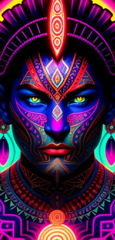 Neon tribal art with vibrant colors and glowing patterns in a captivating design.