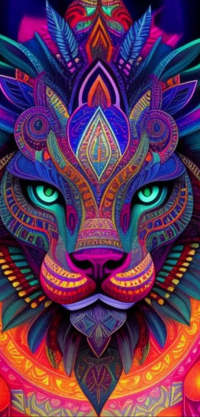 Vibrant tribal lion art with colorful patterns.