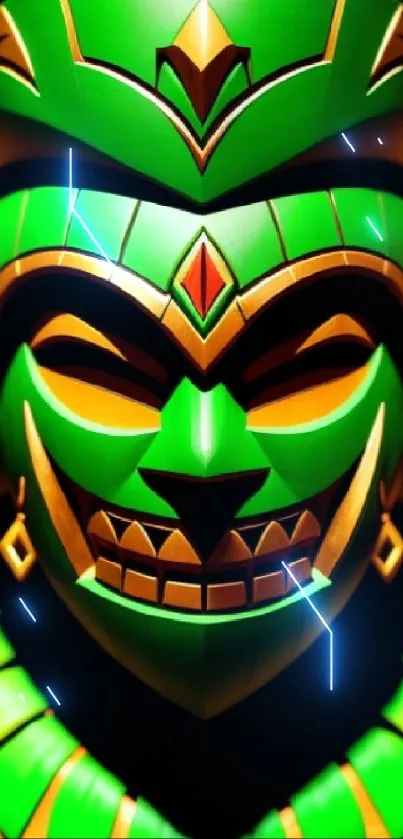 Vibrant tribal mask art with green and orange hues for mobile wallpaper.