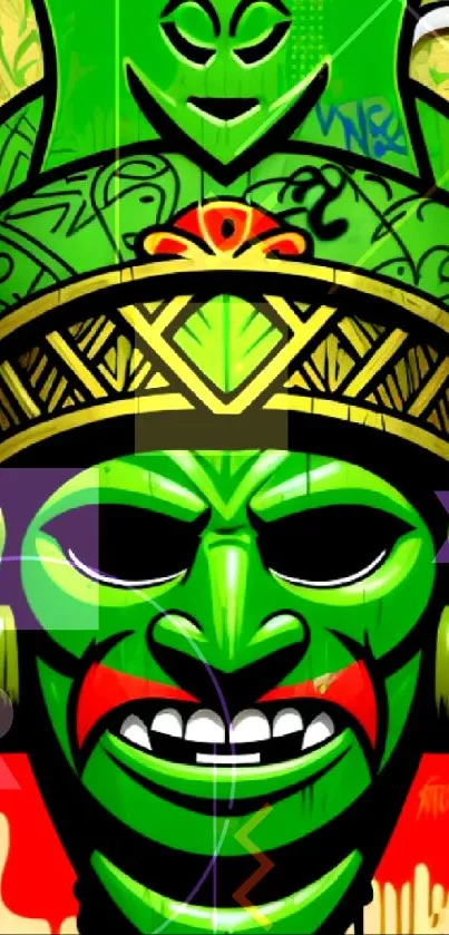 Artistic tribal mask with bold green colors on a vibrant background.